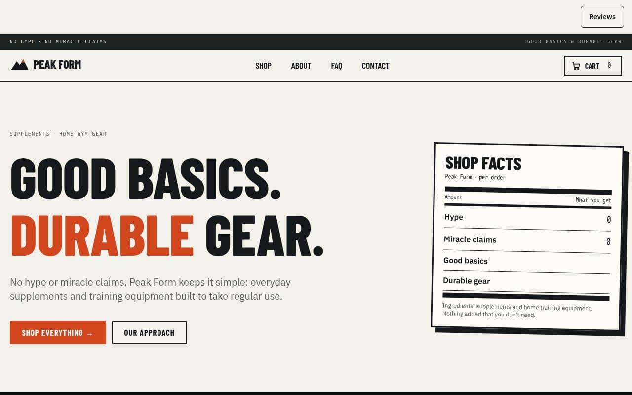 The front page of Peak Form, an example store Captain built