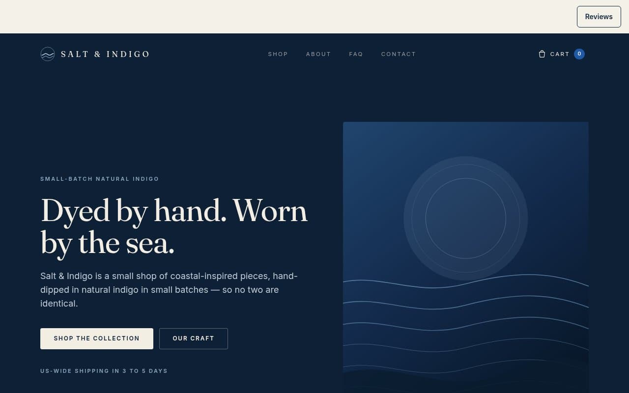 The front page of Salt & Indigo, an example store Captain built