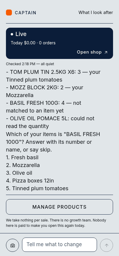 The Captain app after a delivery note photo: the lines it read, and its first question about a line it could not match